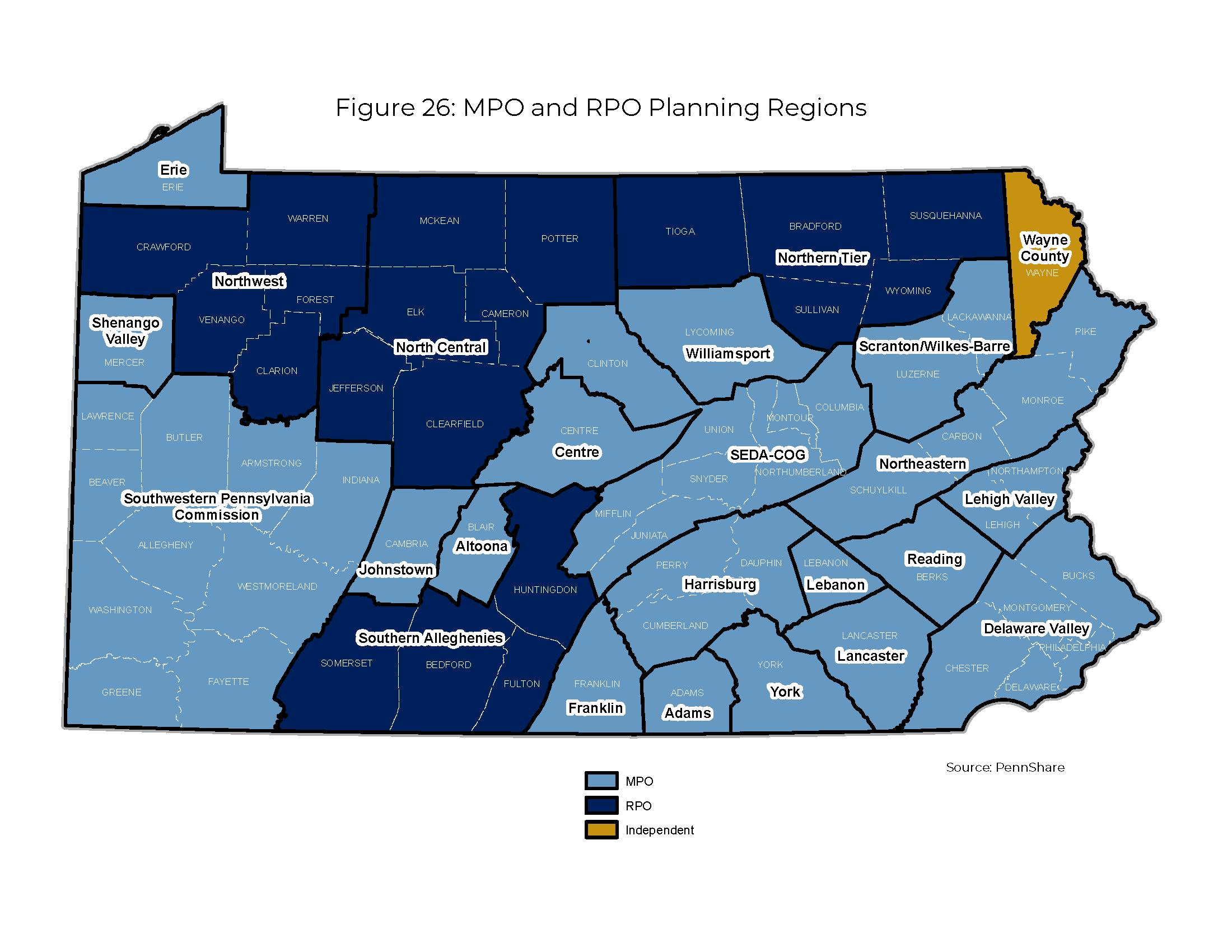 Figure 26 is a state map of Pennsylvania illustrating the MPO and RPO planning regions and the independent county, Wayne County. 